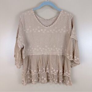 Tan Embroidered Lace Bell Sleeve Tiered Ruffle Top Blouse Medium